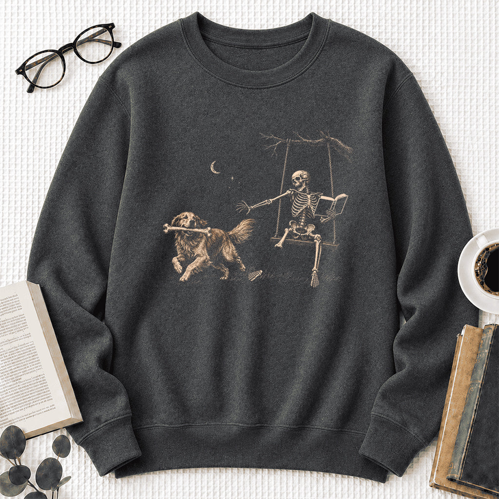 Funny Reading Book With Golden Retriever Printed Sweatshirt | Halloween Dog Lover & Reader Gift Dark Heather