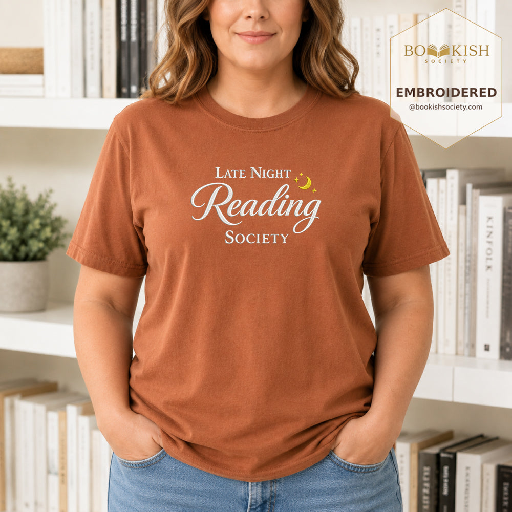 Late Night Reading Society Embroidered Comfort Color® T-shirt | Book Lover Gift Yam