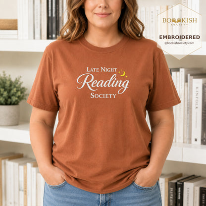 Late Night Reading Society Embroidered Comfort Color® T-shirt | Book Lover Gift Yam