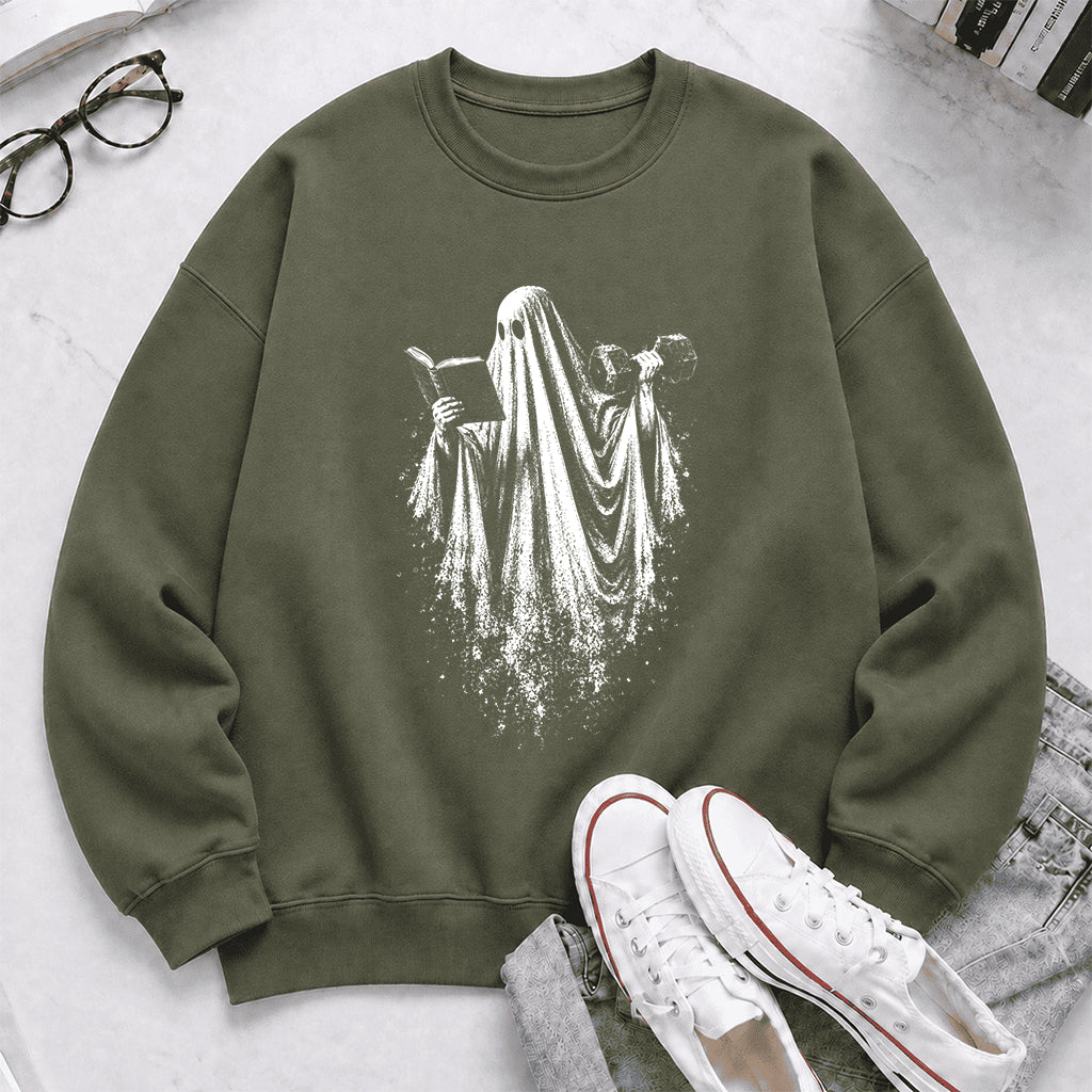 Reading Gym Ghost Printed Sweatshirt | Halloween Book Lover Gift Military Green