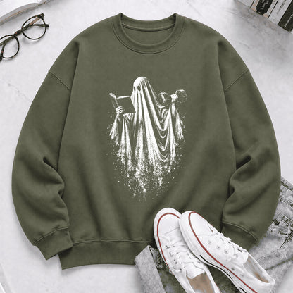 Reading Gym Ghost Printed Sweatshirt | Halloween Book Lover Gift Military Green