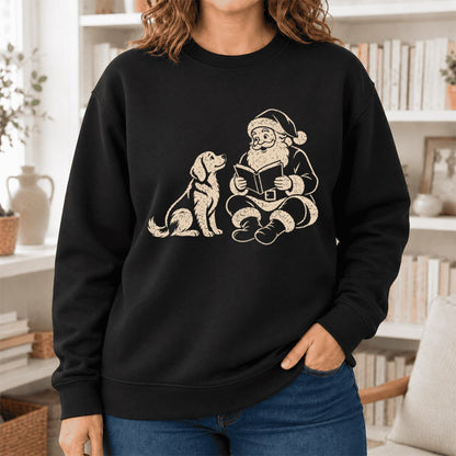 Funny Dog With Reading Santa Softstyle Sweatshirt | Christmas Book Lover Gift Black
