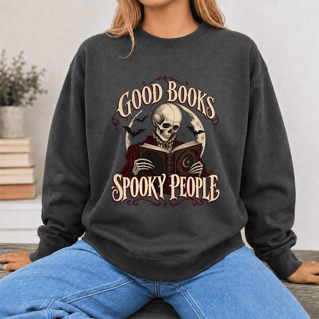 Good Books Spooky People Printed Sweatshirt | Halloween Book Lover Gift Dark Heather