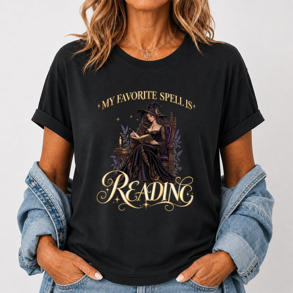 My Favorite Spell Is Reading Printed T-Shirt | Halloween Fantasy Book Lover Gift Black