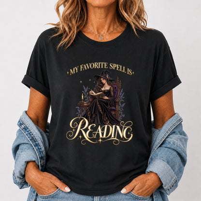 My Favorite Spell Is Reading Printed T-Shirt | Halloween Fantasy Book Lover Gift Black