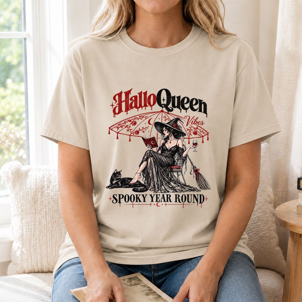 Halloqueen Spooky Year Round Printed T-Shirt | Halloween Book Lover Gift Sand