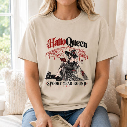 Halloqueen Spooky Year Round Printed T-Shirt | Halloween Book Lover Gift Sand