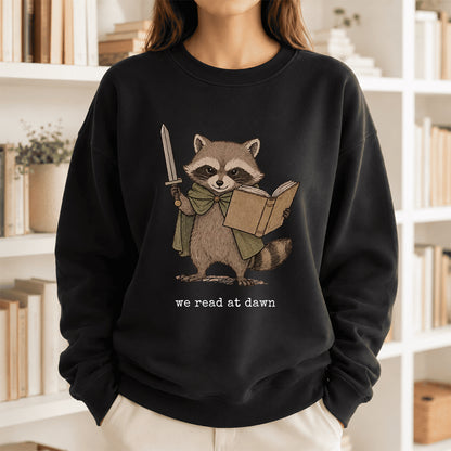 Raccoon We Read At Dawn Crewneck Sweatshirt | Reader Gift Black