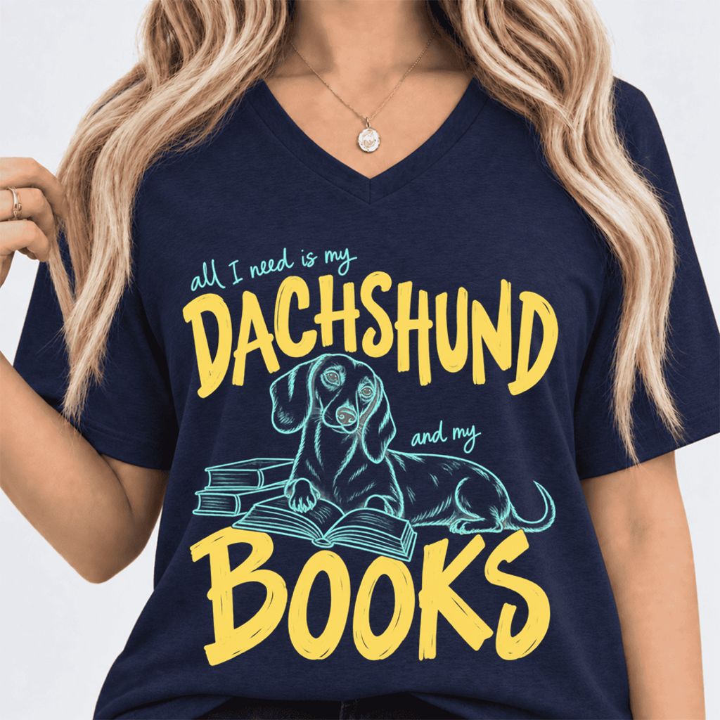 All I Need Is My Dachshund And My Books Ultra-Soft V-Neck | Dog Mom Reader Gift Navy