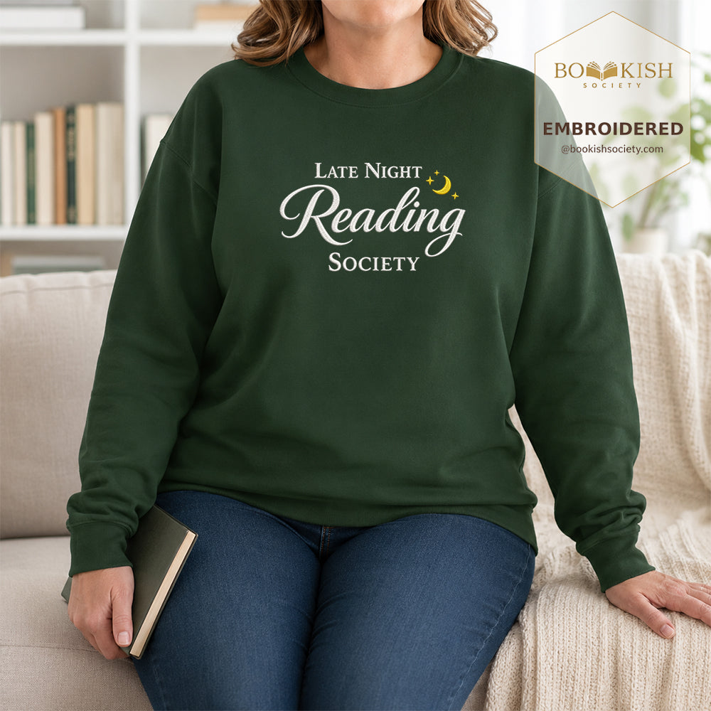 Late Night Reading Society Embroidered Sweatshirt | Reader Gift Forest Green