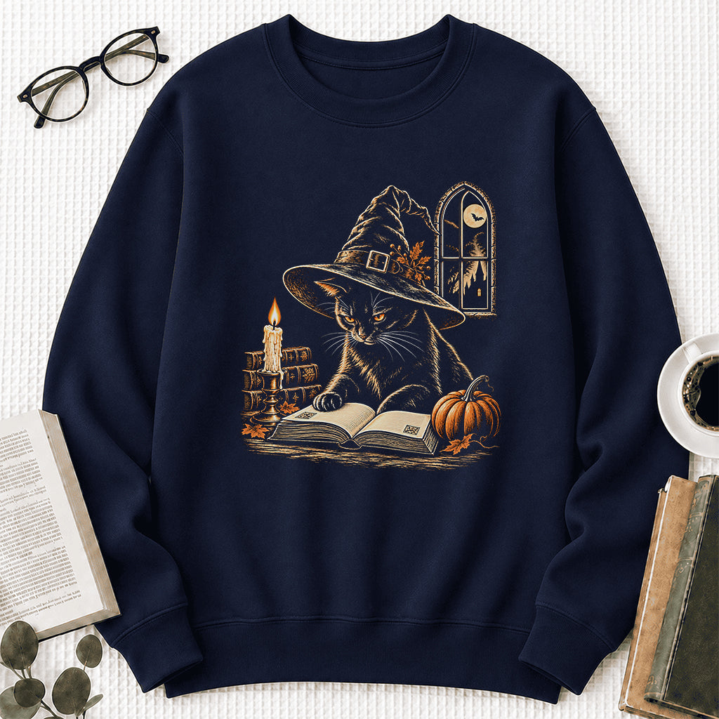 Reading Black Cat Witch Printed Sweatshirt | Halloween Book Lover Gift Navy