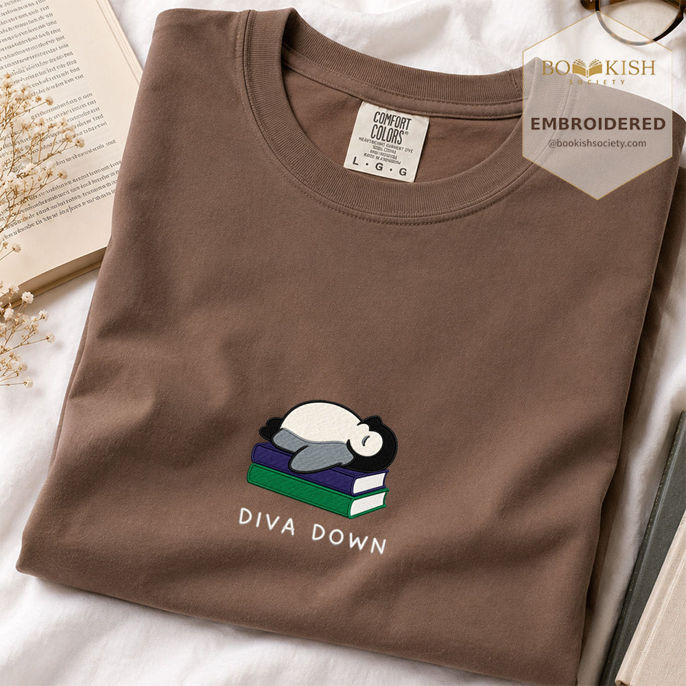 Embroidered Diva Down Penguin Comfort Color® T-shirt Book Lover Gift Espresso