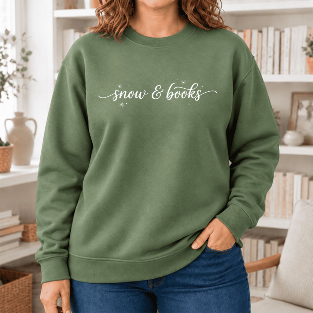 Snow & Books Softstyle Sweatshirt | Christmas Book Lover Gift Military Green