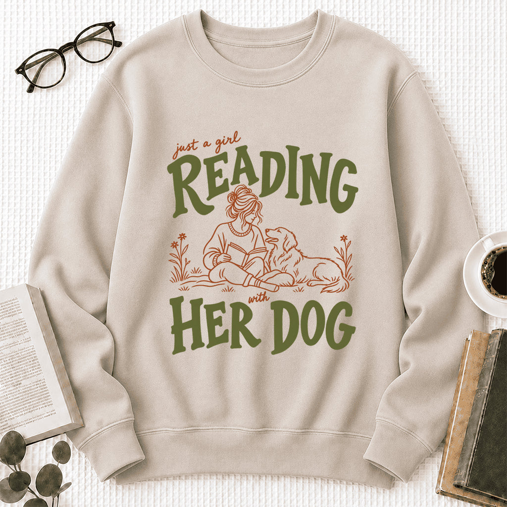 Just A Girl Reading With Her Dog Crewneck Sweatshirt | Reader Gift Sand