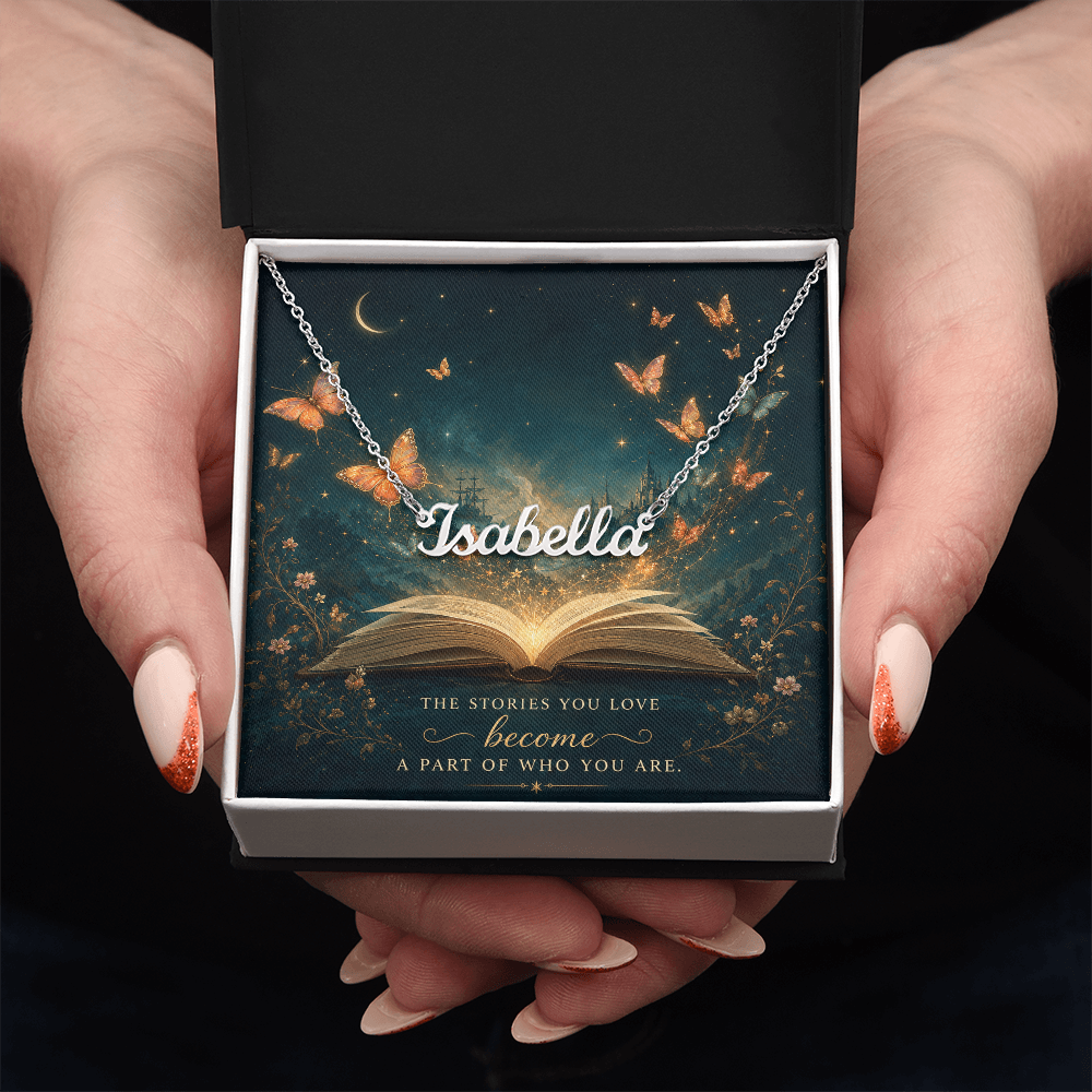 The Stories You Love Decorative Card And Custom Name Polished Stainless Steel Necklace With Box Book Lover Gift Font 1
