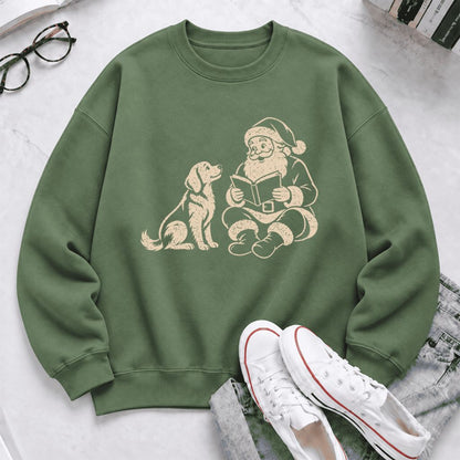 Funny Dog With Reading Santa Softstyle Sweatshirt | Christmas Book Lover Gift Military Green