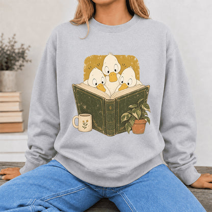 Minimal Japanese Ducks Reading Crewneck Sweatshirt | Reader Gift Sport Grey