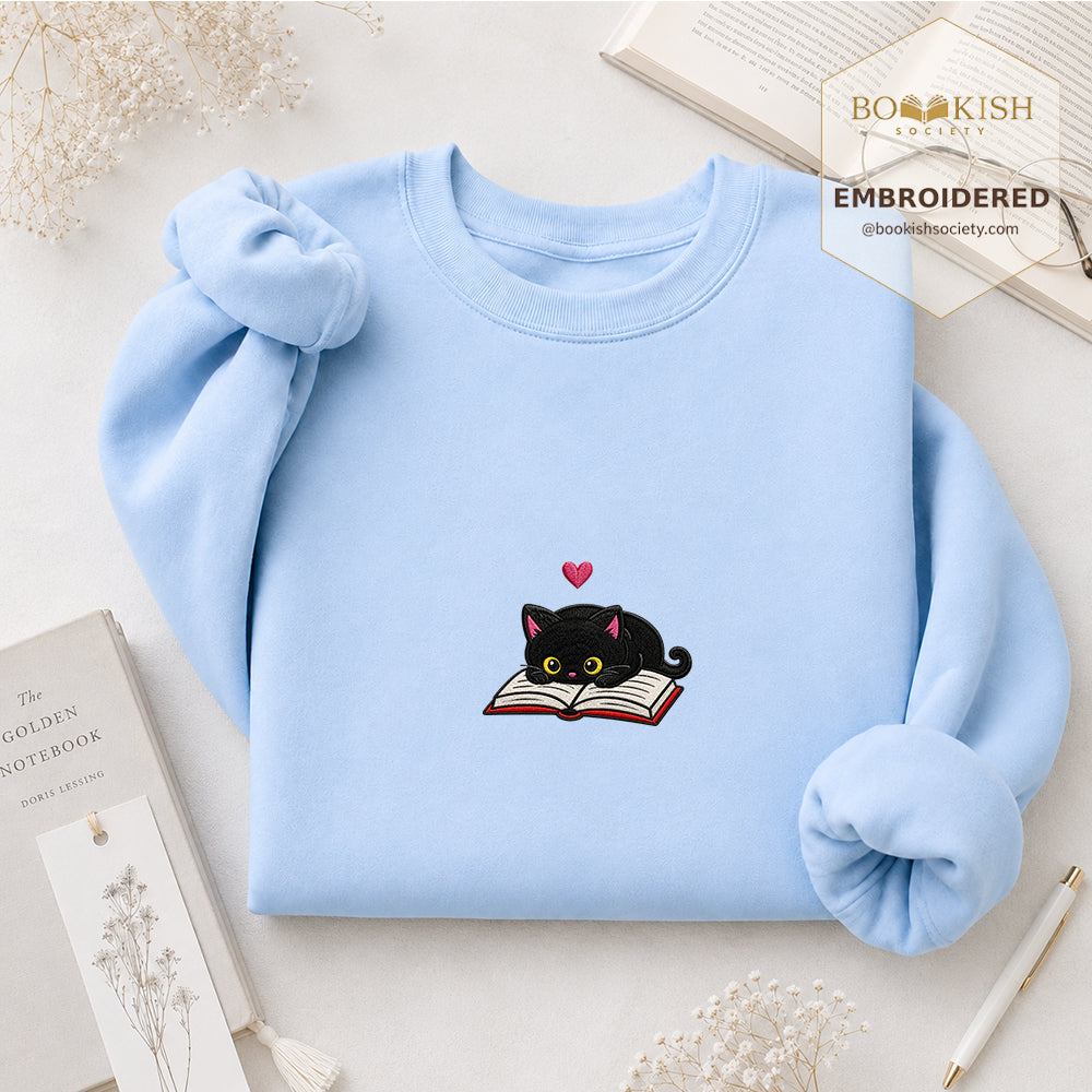 Black Cat and Book Embroidered Sweatshirt | Reader Gift Light Blue