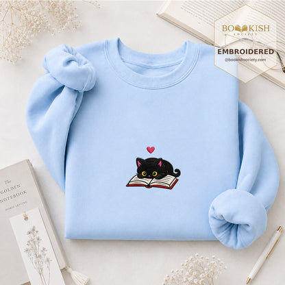 Black Cat and Book Embroidered Sweatshirt | Reader Gift Light Blue