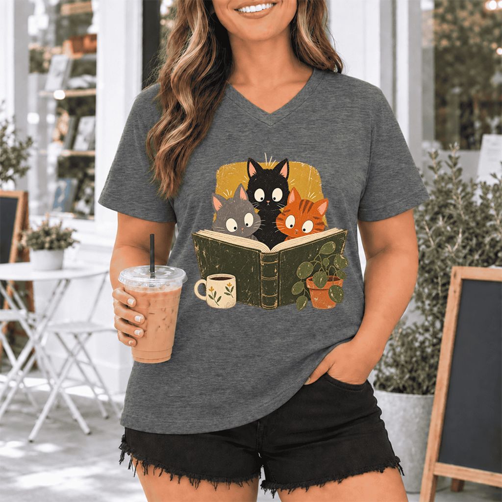 Curious Reading Cats Ultra-Soft V-Neck | Cat Lover Reader Gift Deep Heather