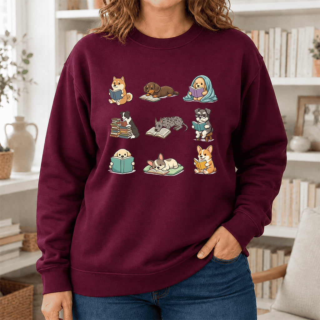 Funny Dogs Reading Crewneck Sweatshirt | Reader Gift Maroon