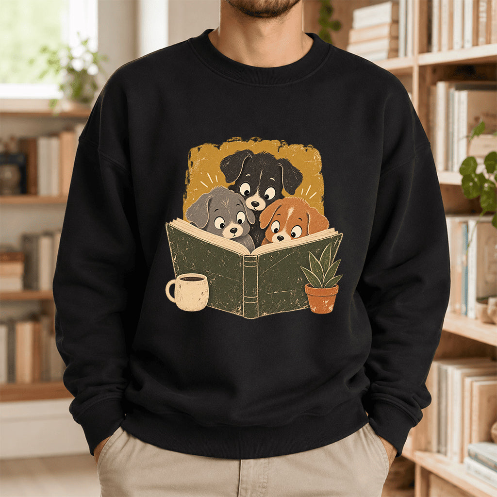 Minimal Japanese Dogs Reading Crewneck Sweatshirt | Reader Gift Black