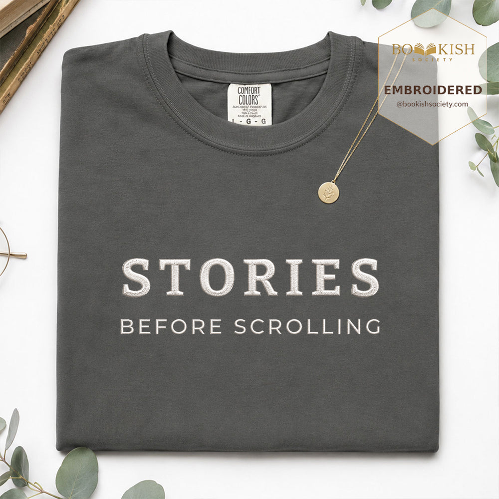 Embroidered Stories Before Scrolling Comfort Color® T-shirt Book Lover Gift Pepper