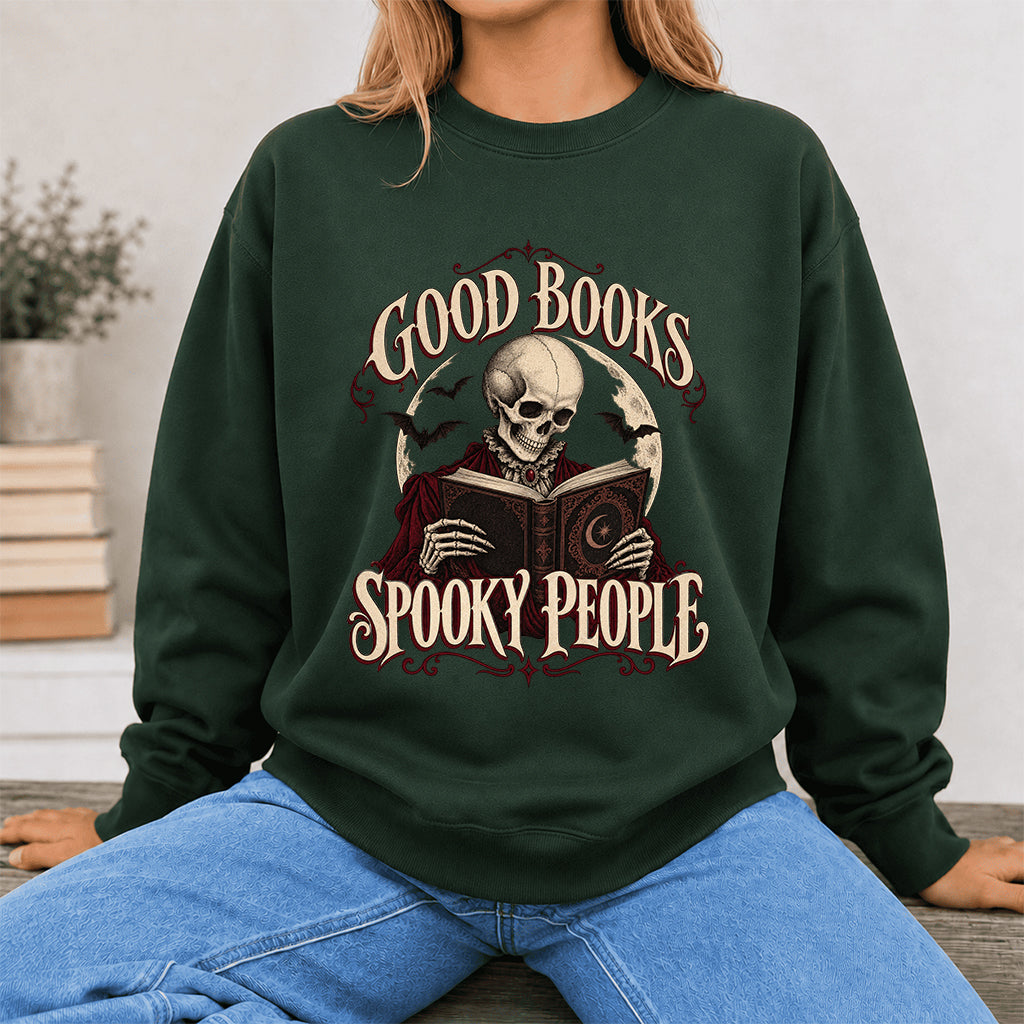 Good Books Spooky People Printed Sweatshirt | Halloween Book Lover Gift Forest Green
