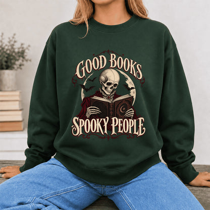 Good Books Spooky People Printed Sweatshirt | Halloween Book Lover Gift Forest Green