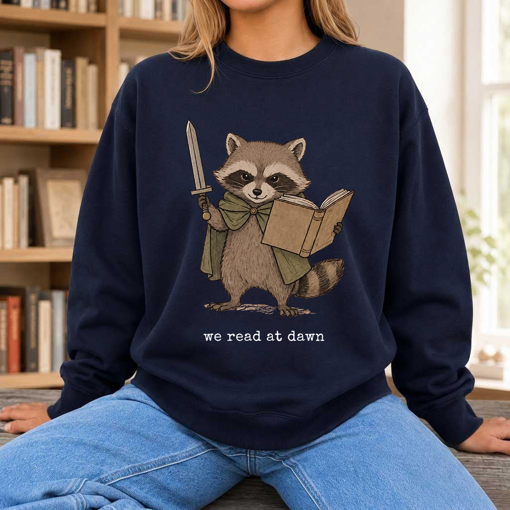 Raccoon We Read At Dawn Crewneck Sweatshirt | Reader Gift Navy