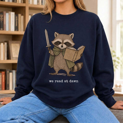 Raccoon We Read At Dawn Crewneck Sweatshirt | Reader Gift Navy
