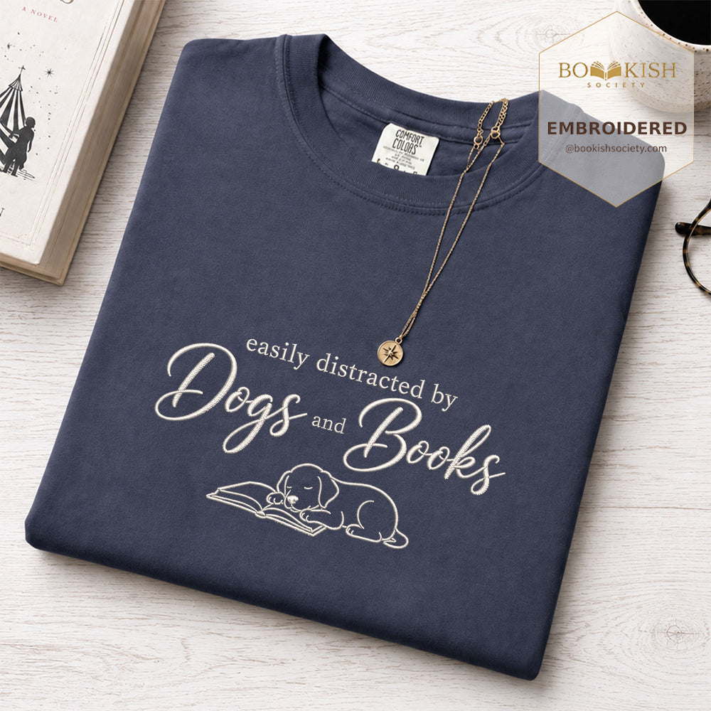 Easily Distracted By Dogs And Books Embroidered Comfort Color® T-shirt | Book Lover Gift Denim