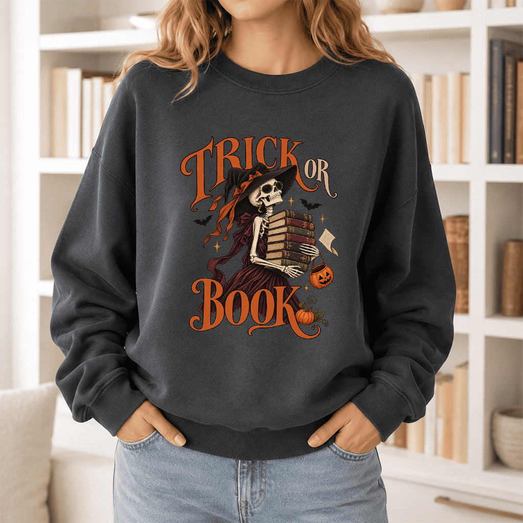 Trick Or Book Printed Sweatshirt | Halloween Book Lover Gift Dark Heather