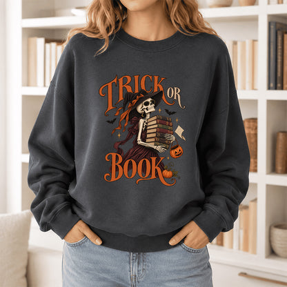 Trick Or Book Printed Sweatshirt | Halloween Book Lover Gift Dark Heather