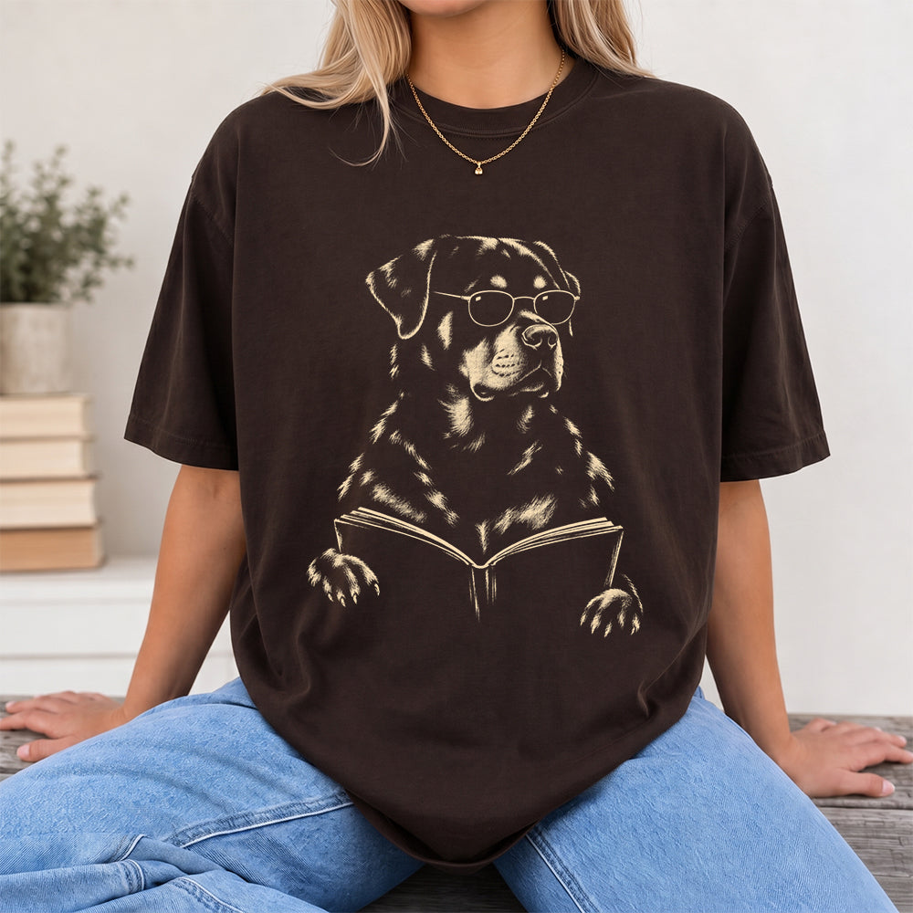 Rottweiler Reading Book Softstyle T-Shirt | Book Lover Gift Dark Chocolate