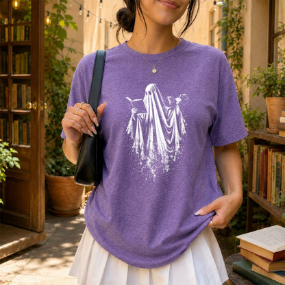 Reading Gym Ghost Printed T-Shirt | Halloween Book Lover Gift Heather Purple