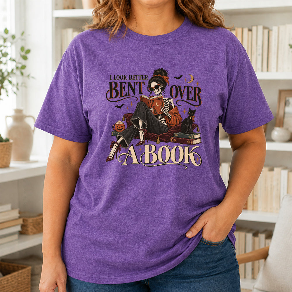 I Look Better Bent Over A Book Printed T-Shirt | Halloween Book Lover Gift Heather Purple