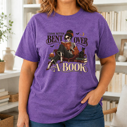 I Look Better Bent Over A Book Printed T-Shirt | Halloween Book Lover Gift Heather Purple