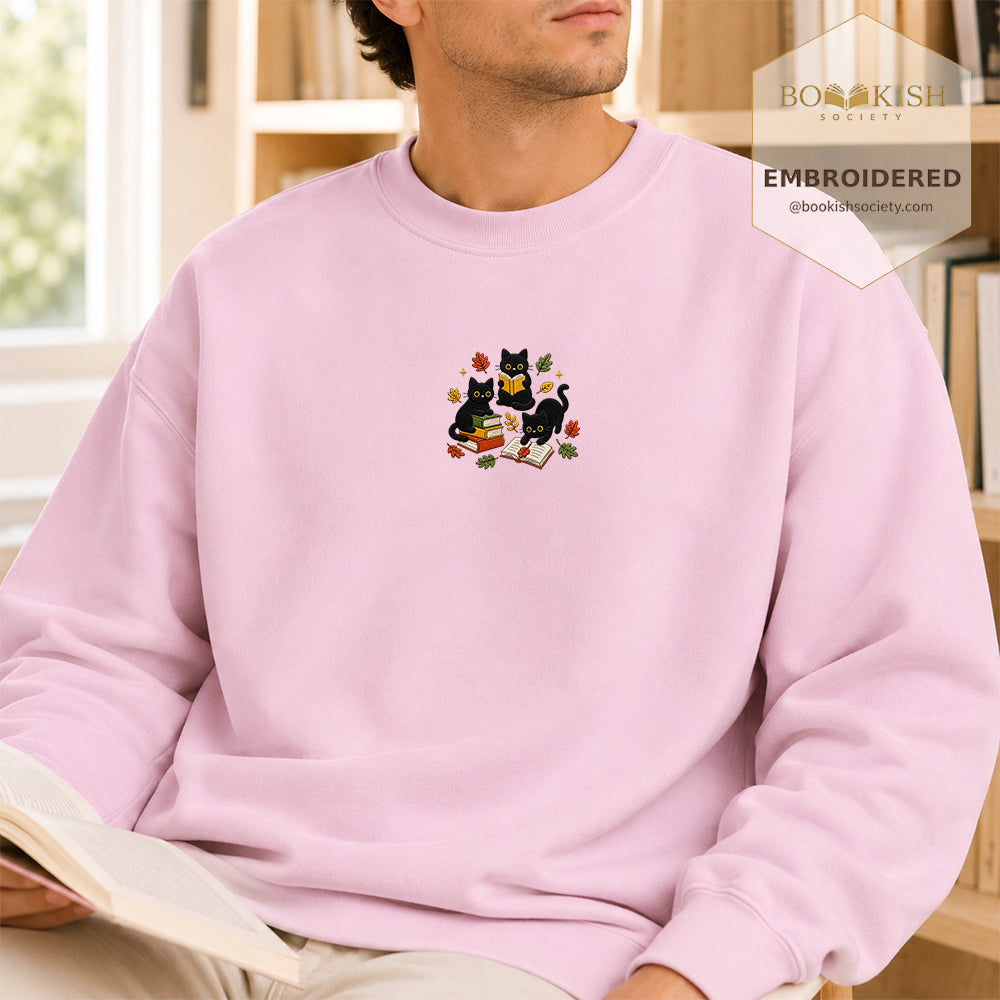 Cat Catching Leaves Embroidered Sweatshirt | Reader Gift Light Pink