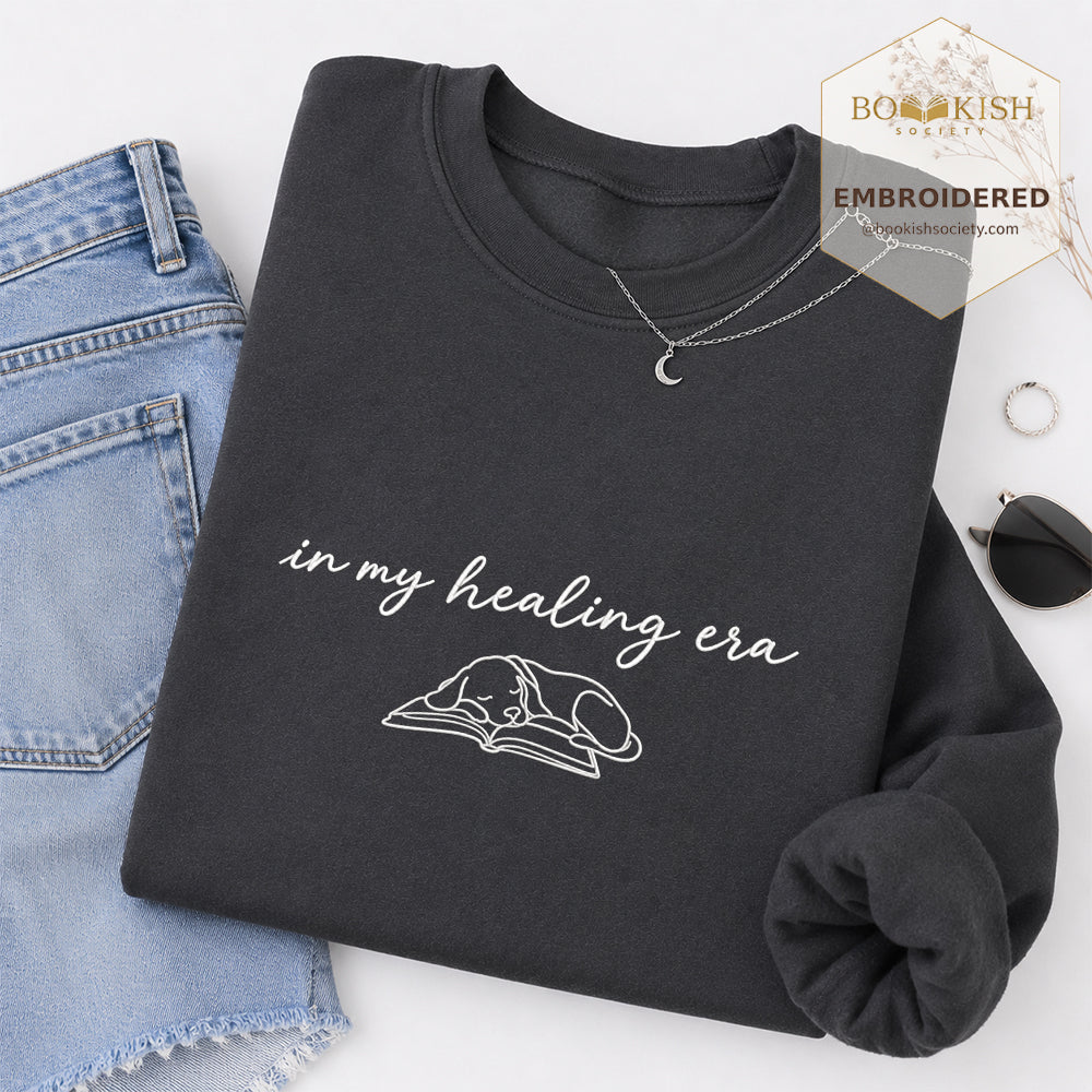 In My Healing Era Embroidered Sweatshirt | Dog Lover & Reader Gift Dark Heather
