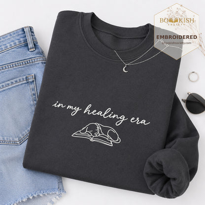 In My Healing Era Embroidered Sweatshirt | Dog Lover & Reader Gift Dark Heather