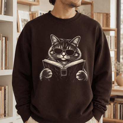 Cat Reading Book Crewneck Sweatshirt | Reader Gift Dark Chocolate