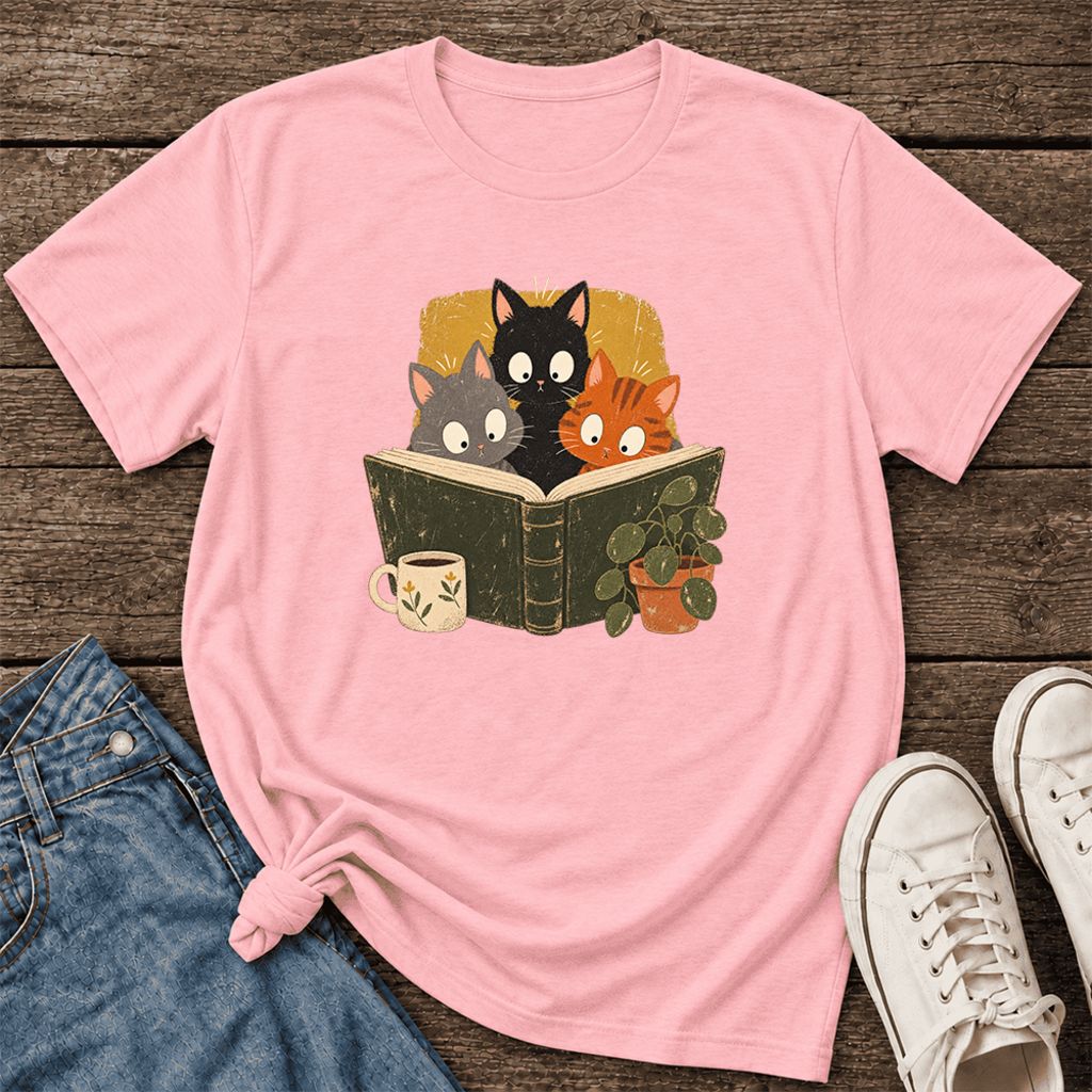 Curious Reading Cats Ultra-Soft Cotton T-Shirt | Cat Lover Reader Gift Pink