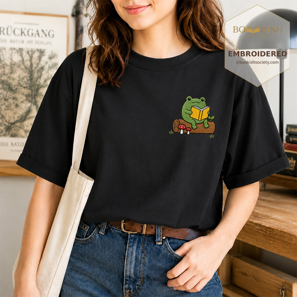 Embroidered Frog on Log Reading Book Comfort Color® T-shirt Book Lover Gift Black