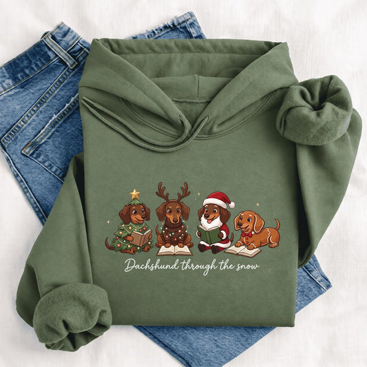 Dachshund Through The Snow Softstyle Hoodie | Christmas Dog Mom Reader Gift Military Green