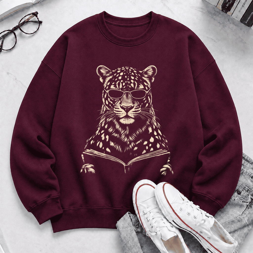 Leopard Reading Book Crewneck Sweatshirt | Reader Gift Maroon