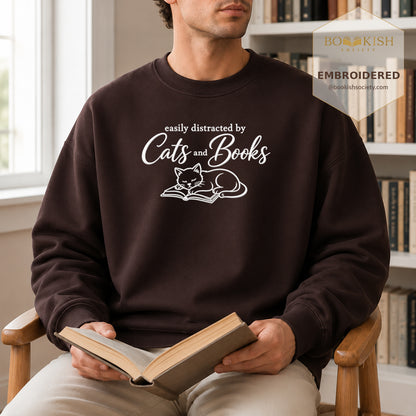 Distracted By Cats And Books Embroidered Sweatshirt | Reader Gift Dark Chocolate