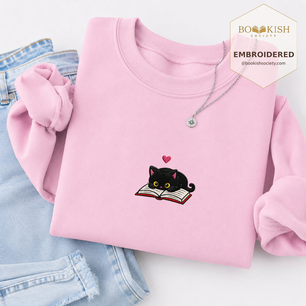 Black Cat and Book Embroidered Sweatshirt | Reader Gift Light Pink
