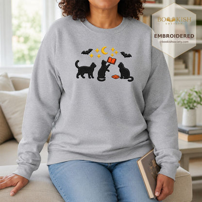 Black Cats With Books Embroidered Sweatshirt | Spooky Reader Gift Sport Grey
