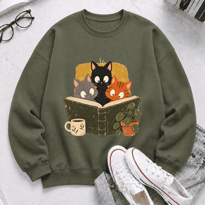 Minimal Japanese Cats Reading Crewneck Sweatshirt | Reader Gift Military Green